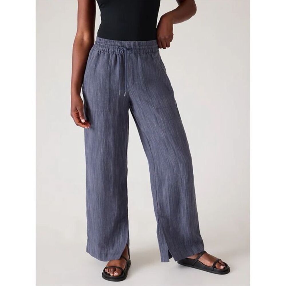 Athleta Women's‎ Cabo Linen Textured Wide Leg Blue Stripe Pull On Pants Blue 0